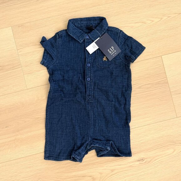 Baby Gap Gauze Button Down Pocket Romper in Denim Blue, Size 18-24 months - Picture 1 of 6